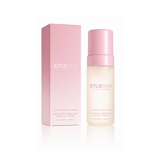 Kylie Skin foaming face wash bottle and packaging on a white background