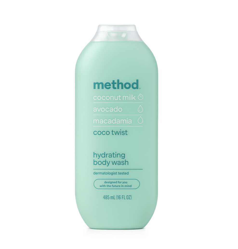 Method brand body wash bottle with coconut milk, avocado, and macadamia ingredients on a white background