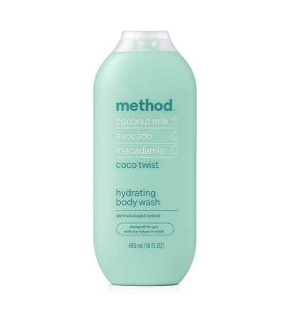 Method brand body wash bottle with coconut milk, avocado, and macadamia ingredients on a white background