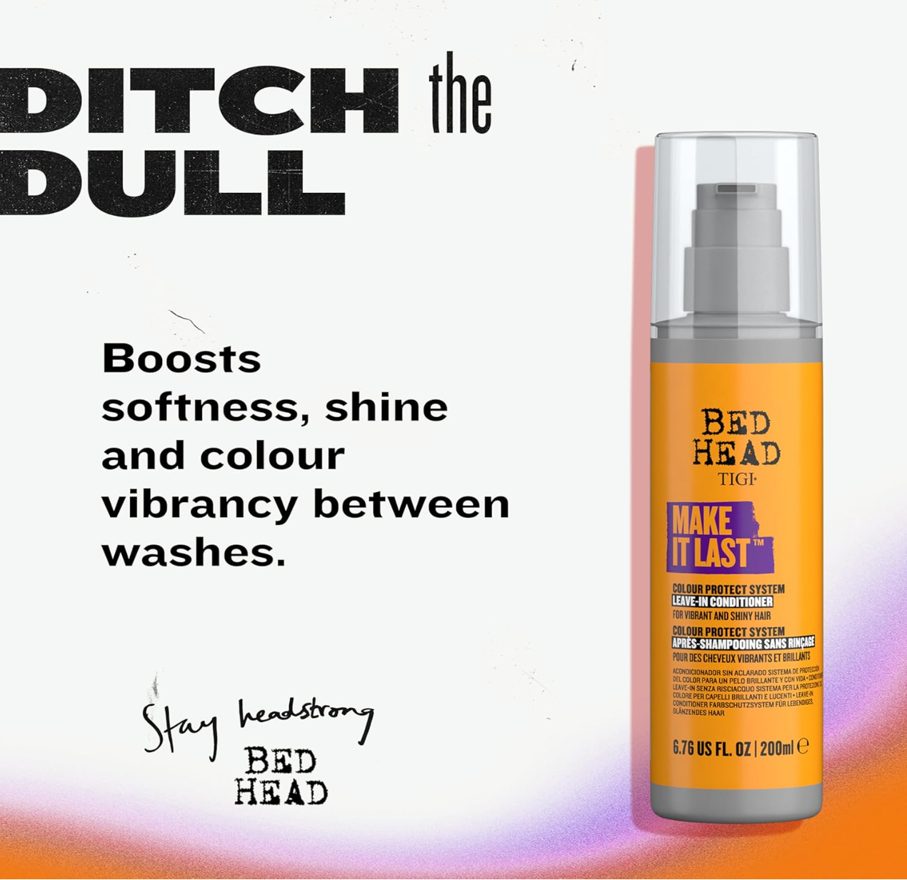 Bed Head hair product with text on a gradient background