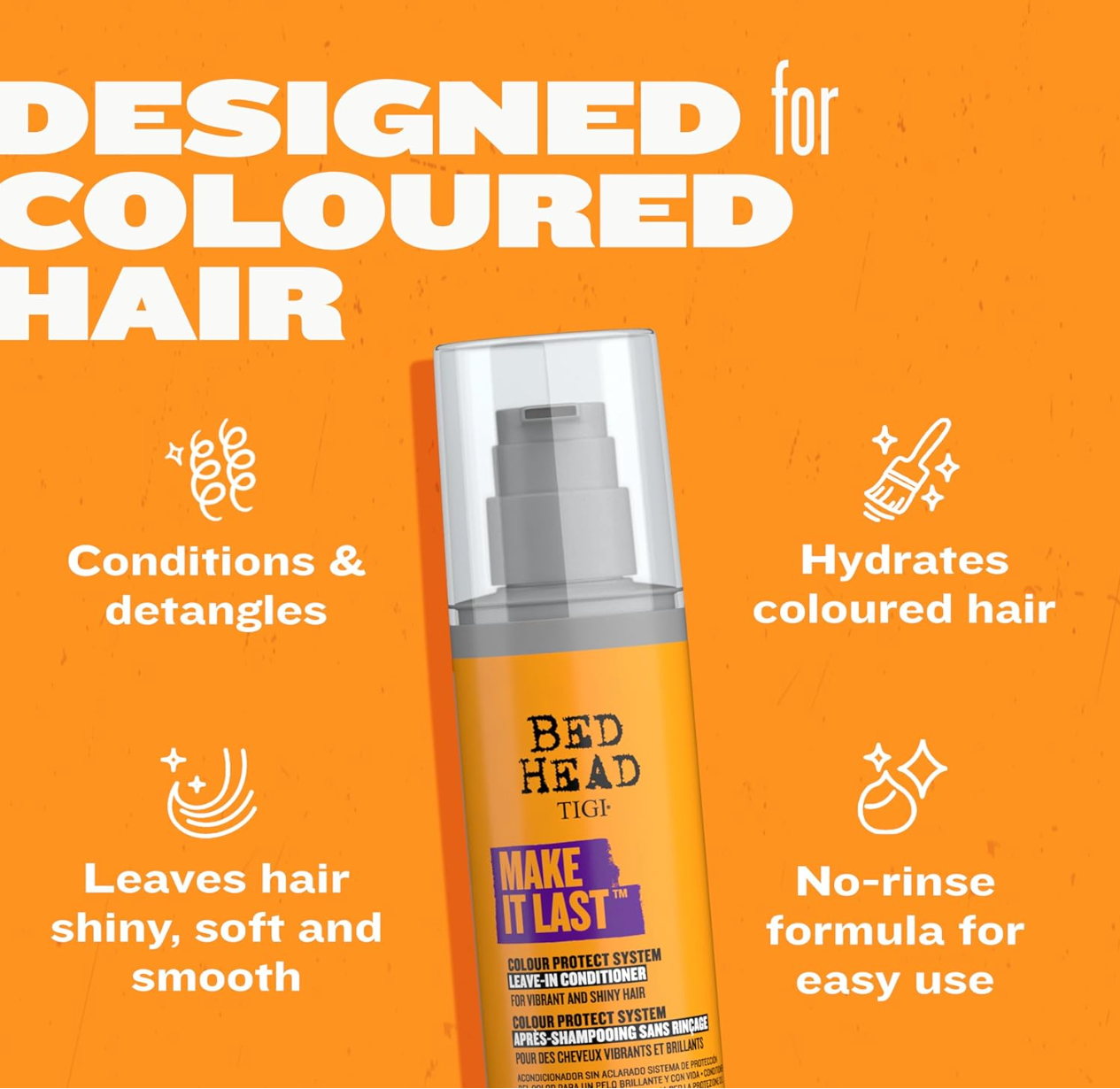 Bed Head hair care product on an orange background with text about features.