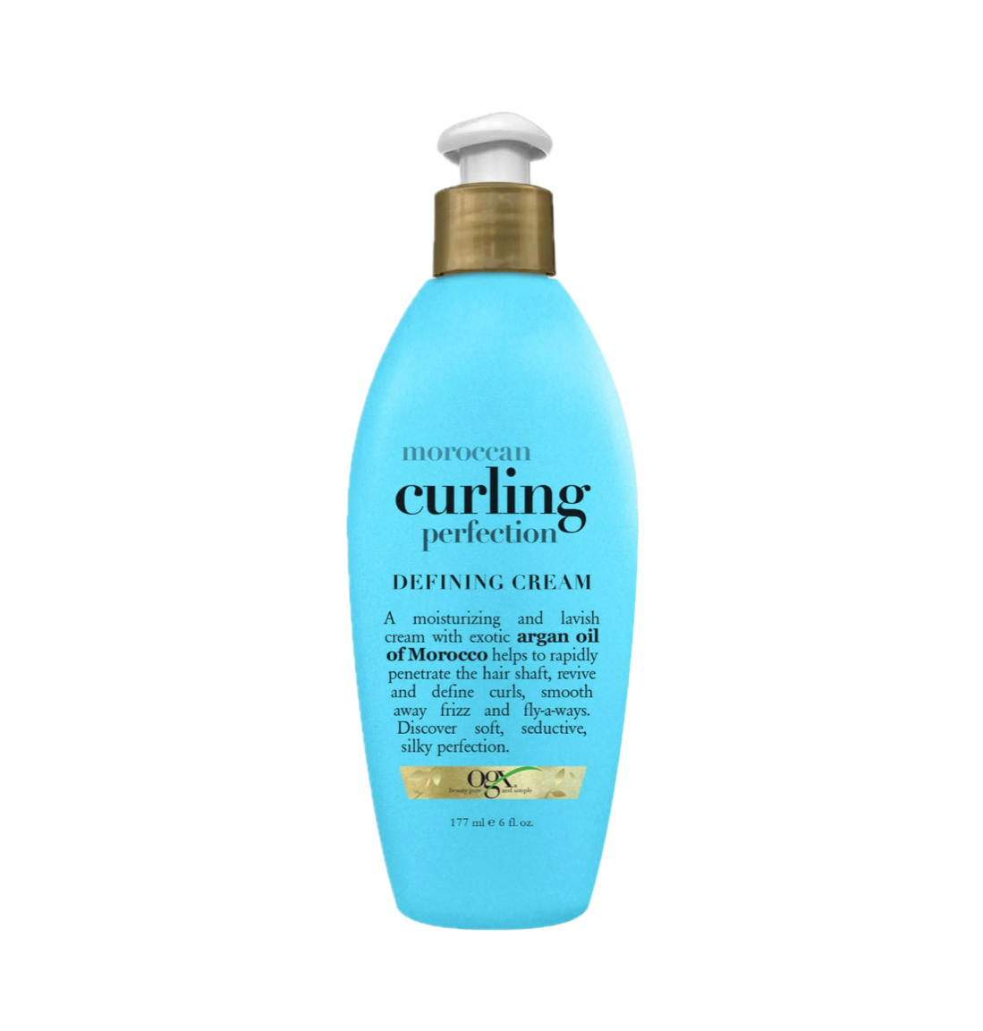 Blue bottle of OGX Moroccan Curling Perfection Defining Cream front facing on a white background