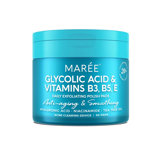 Blue container of Maré Glycolic Acid & Vitamins B3, B5, E product on a white background
