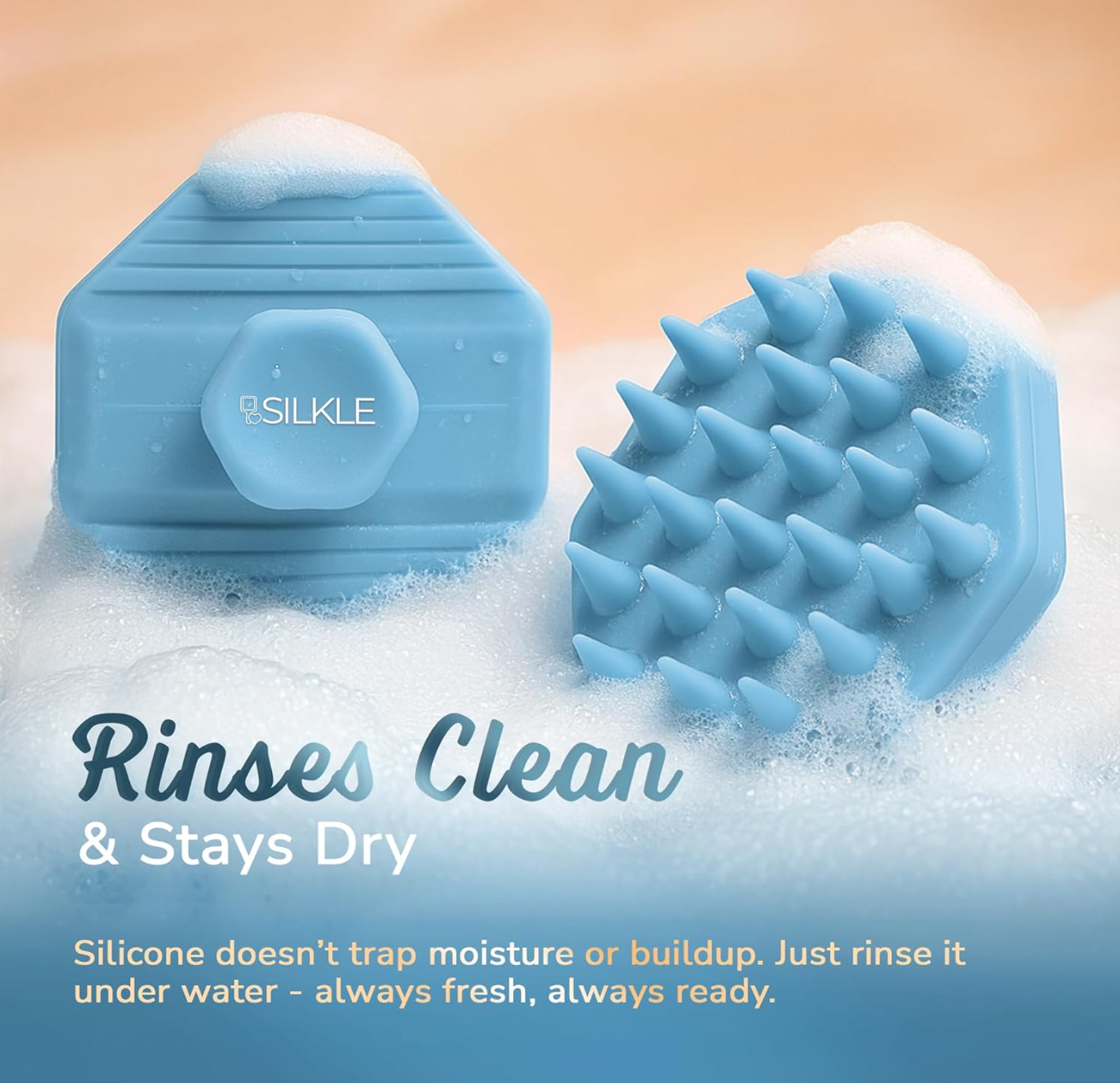 Silkle blue Silicone scalp cleaning tool with text on a beige background