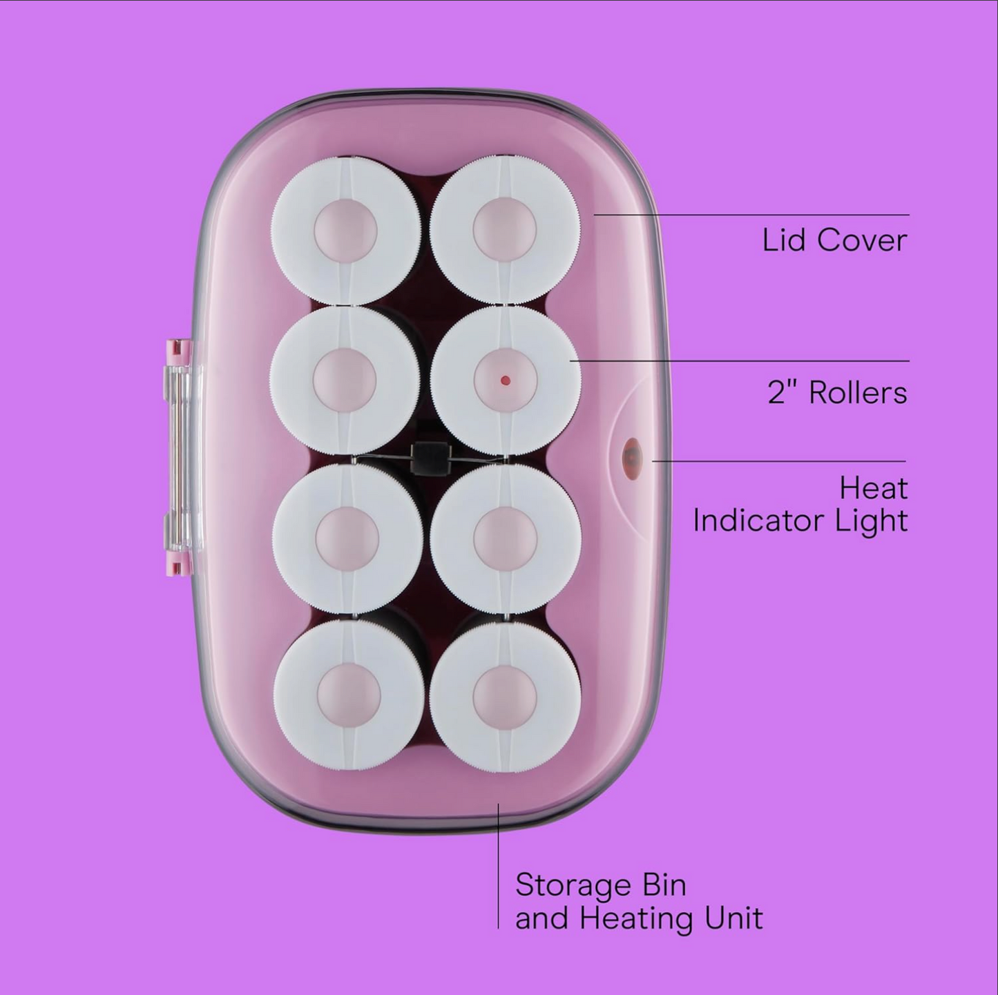 Conair infiniti pro in pink hair roller set with labeled parts on a purple background