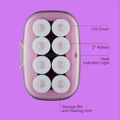 Conair infiniti pro in pink hair roller set with labeled parts on a purple background