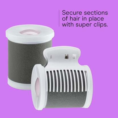 Two hair clips with a purple background and text about using super clips.