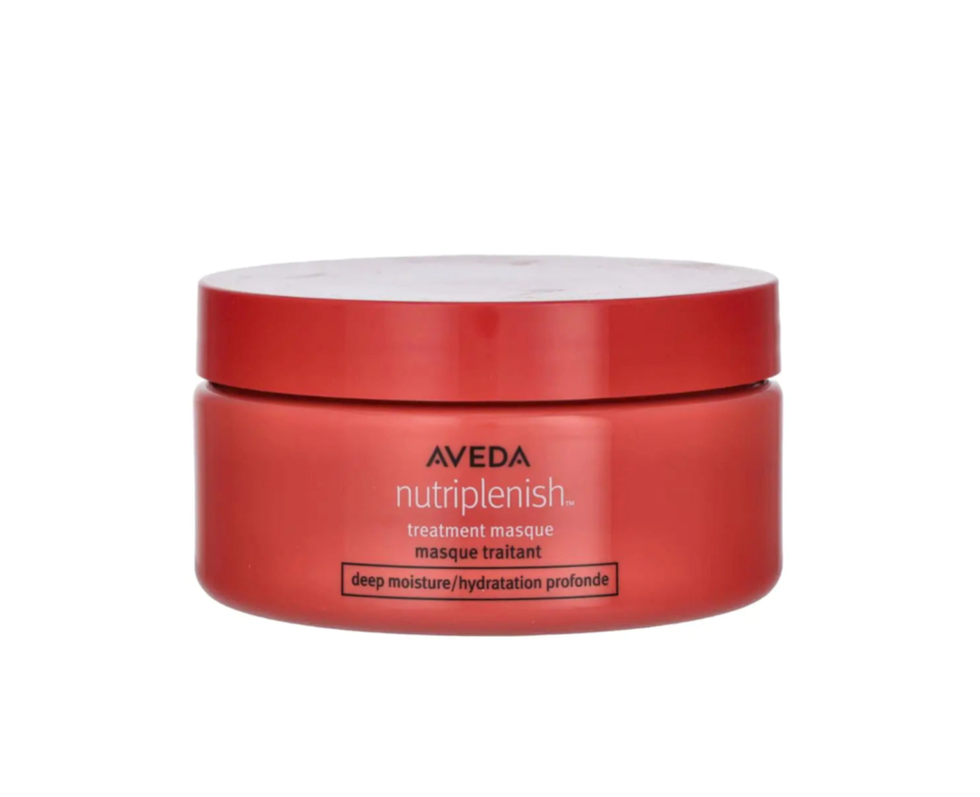 Red jar of Aveda Nutriplenish treatment masque on a white background