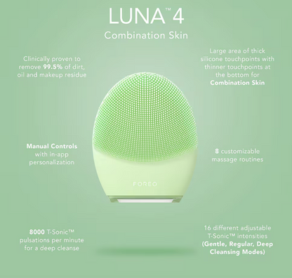 LUNA 4 skincare device on a green background with product features listed for combination skin.