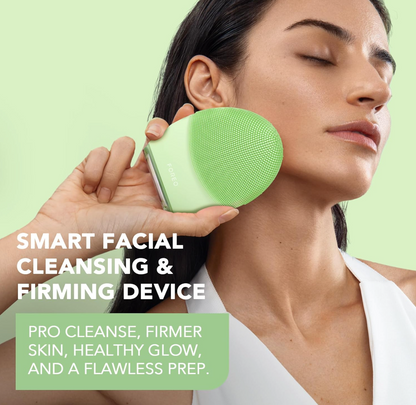 Woman LUNA 4 a green facial cleansing device by foreo with text on a light green background for combination skin 