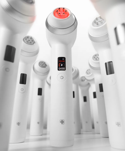 Multiple Medicube Age-R Ultra Tune 40.68 standing up with red lights on a white grey background. 