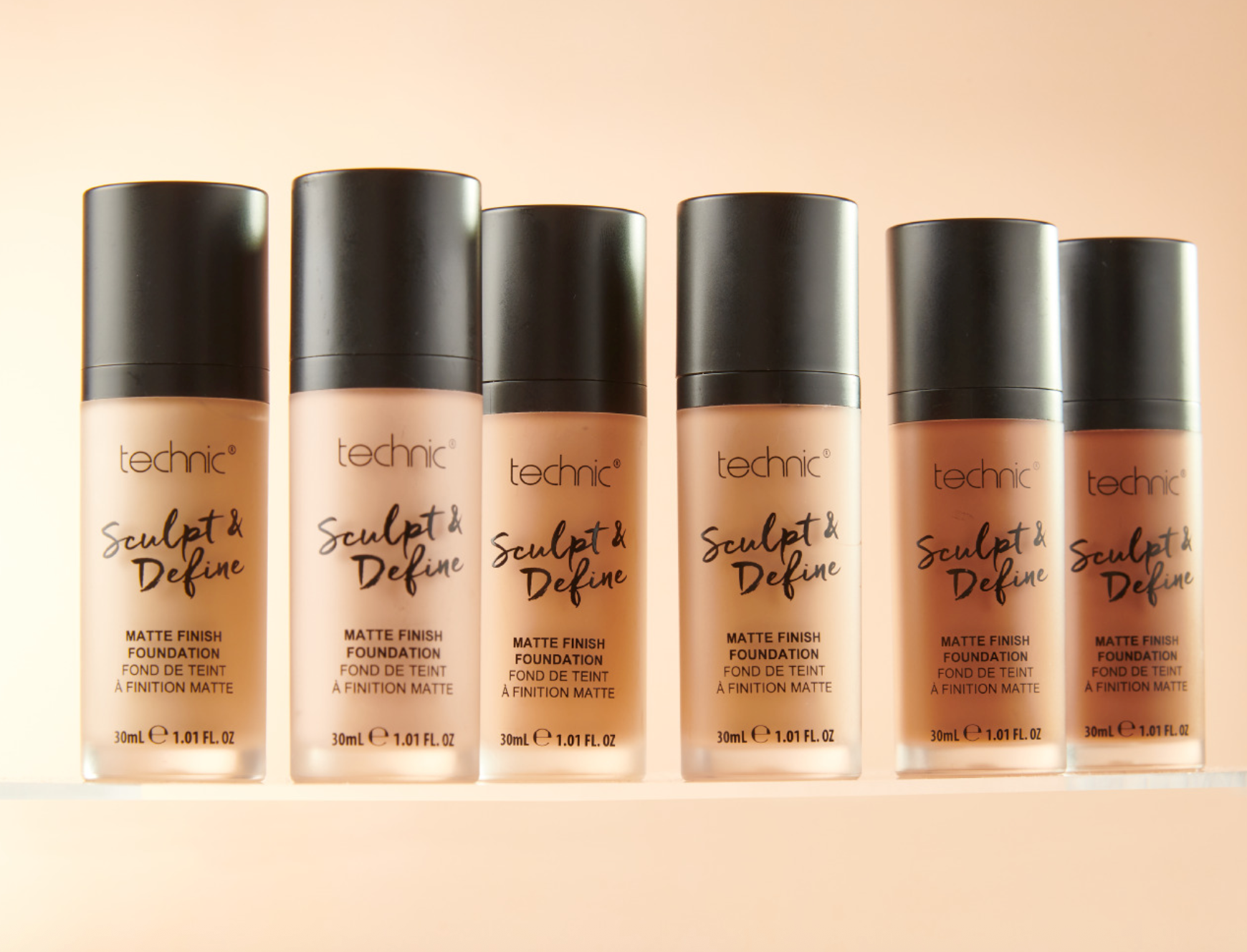 Technic Sculpt and Define Matte Foundation 30ml foundation range displaying Porcelain Ivory Beige Honey Chestnut and Mocha shades