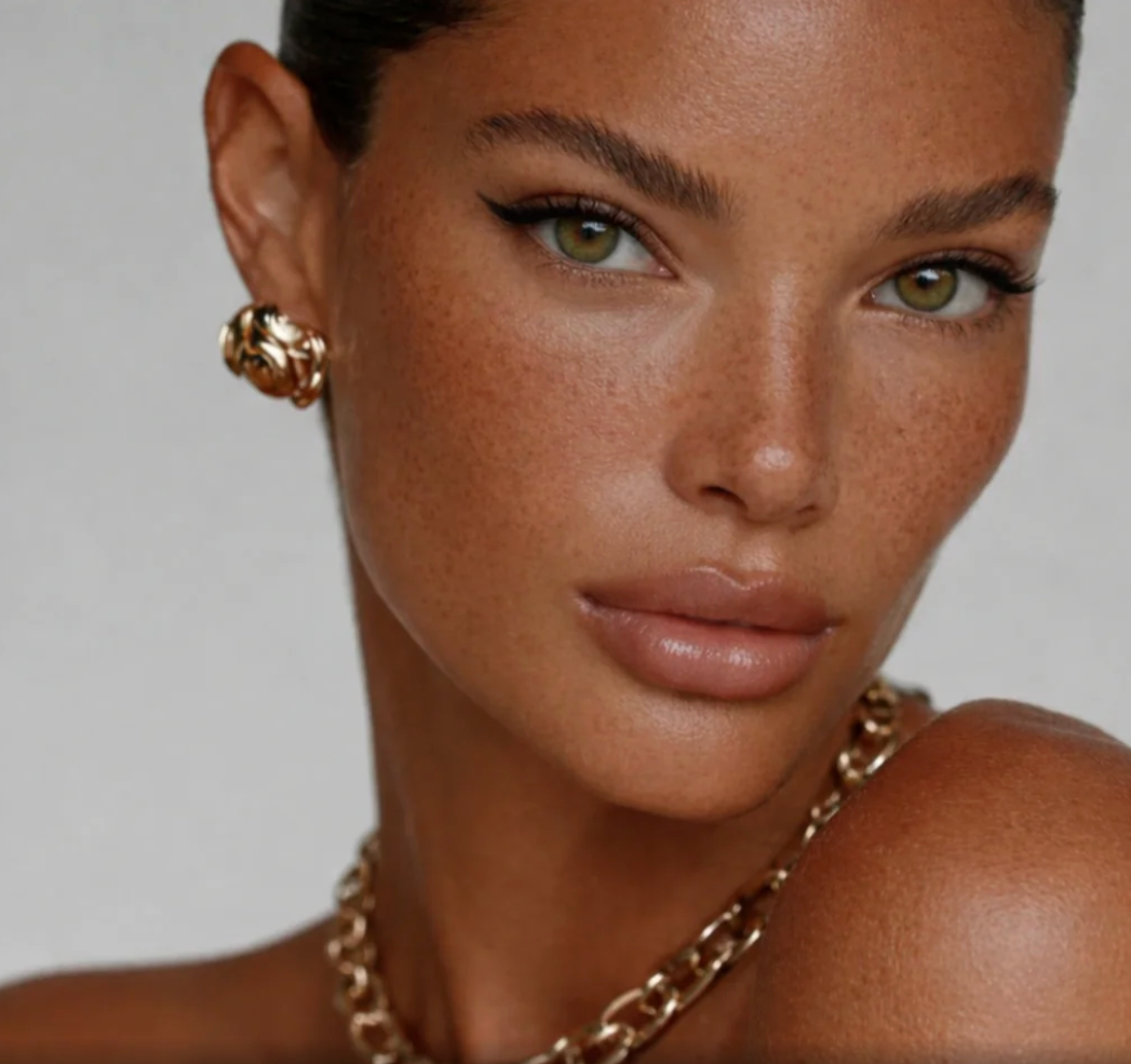 Close-up of a woman wearing gold earrings and necklace against a neutral background with neutral radiant makeup