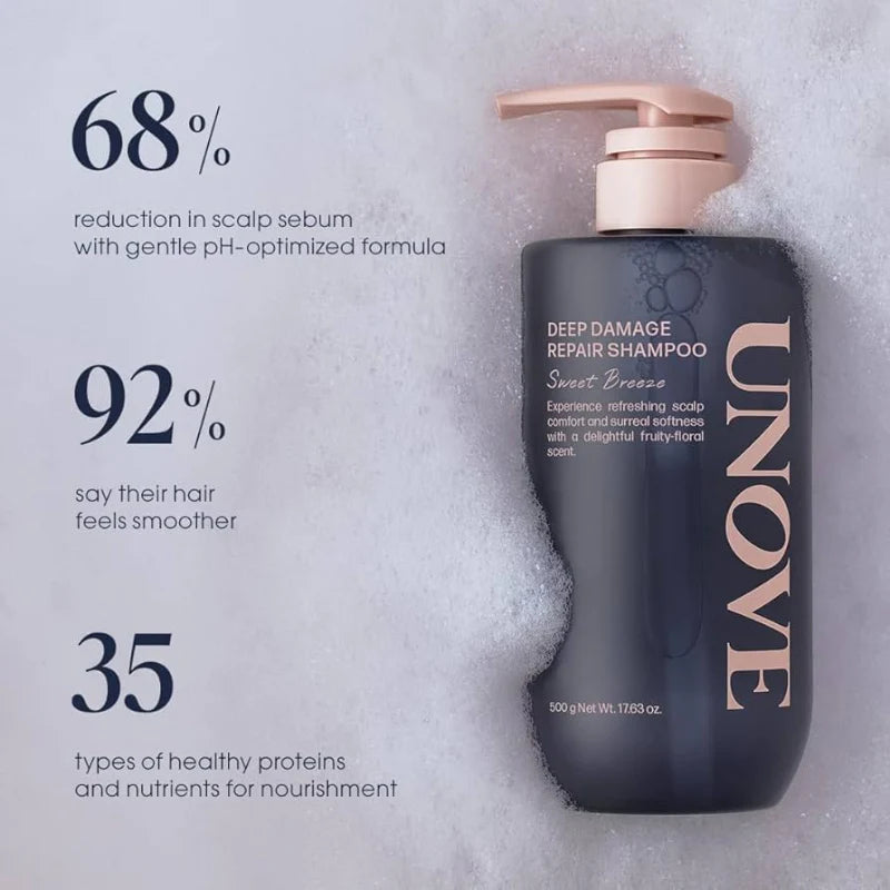UNOVE Deep Damage Repair Shampoo 500ml rich lather texture for gentle cleansing repair and smoothing damaged hair