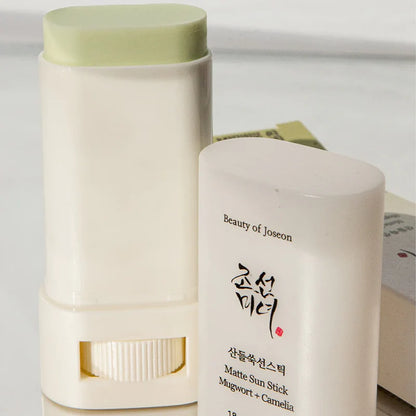 Beauty of Joseon sunscreen stick 18g close-up showing a soft matte finish with no visible residue