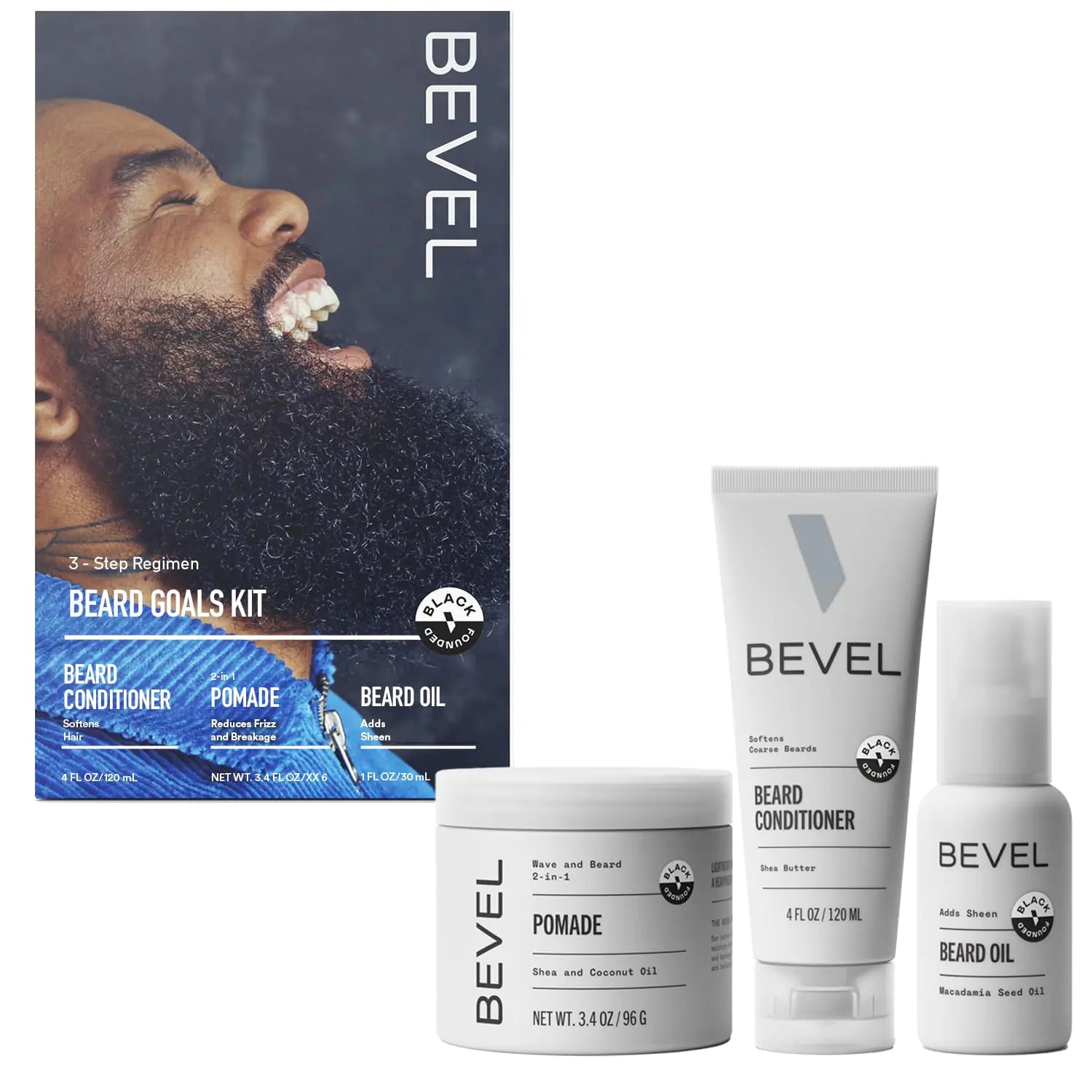 Bevel beard care product set including box, pomade, conditioner, and oil on a white background
