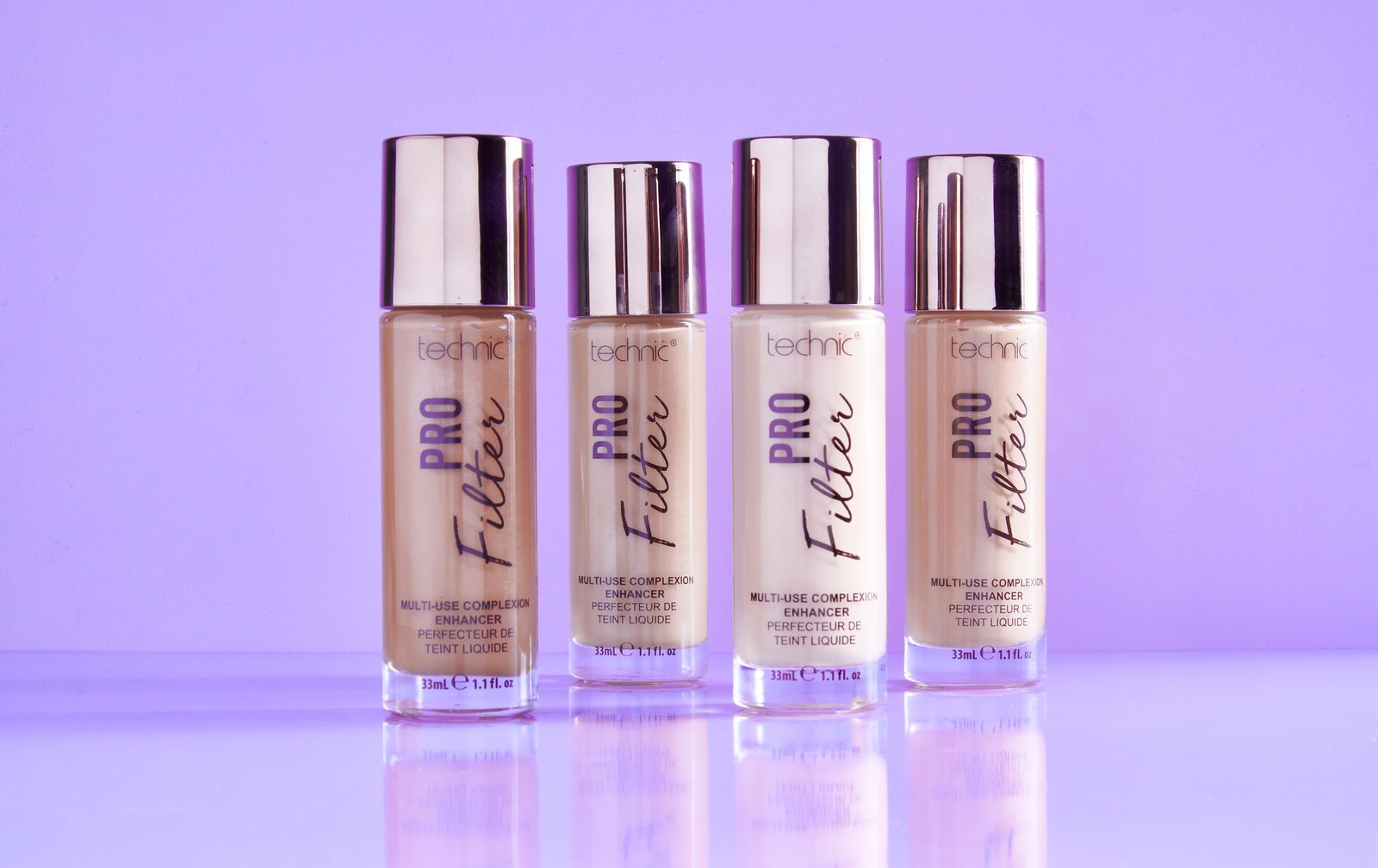 Technic Pro Filter Foundation 33ml several shades displayed on model showcasing luminous complexion and natural glow