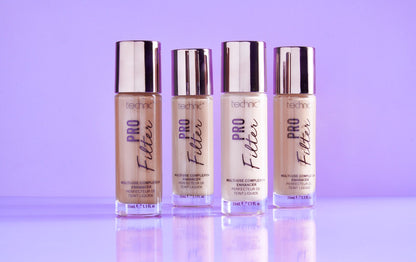 Technic Pro Filter Foundation 33ml several shades displayed on model showcasing luminous complexion and natural glow