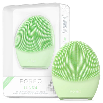 FOREO Luna 4 green facial cleansing device with packaging on a white background for combination skin 
