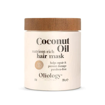 Oliology coconut oil hair mask jar with wooden lid on a white background