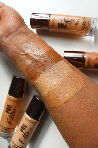 Technic Pro Filter Foundation 33ml swatches on skin highlighting inclusive shade range and glowing complexion finish
