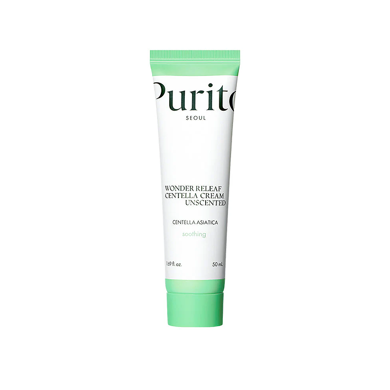Purito Wonder Releaf Centella Cream Unscented 50ml soothing moisturiser designed to calm sensitive skin and support the skin barrier