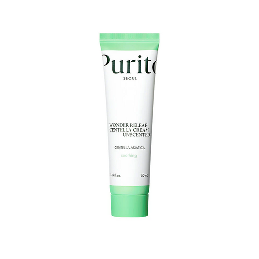 Purito Wonder Releaf Centella Cream Unscented 50ml soothing moisturiser designed to calm sensitive skin and support the skin barrier