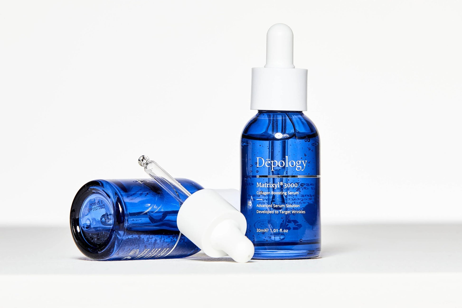 Depology Matrixyl 3000 Collagen Serum 30ml with dropper lifted from bottle revealing lightweight serum and refined formulation