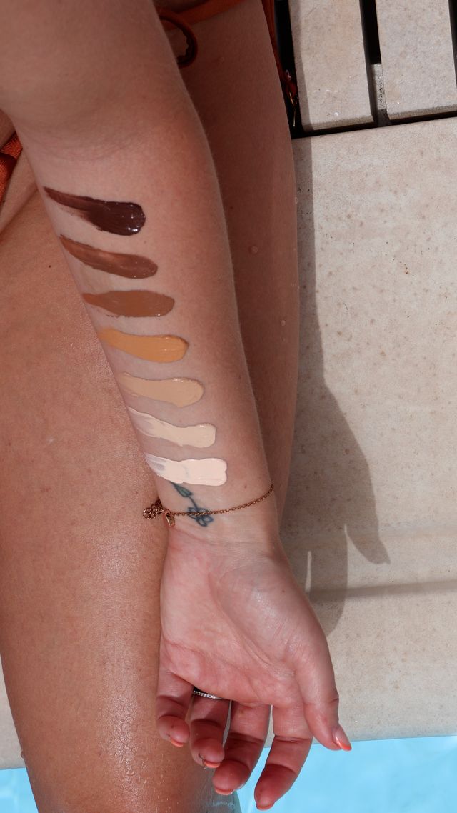 Technic Sundrenched Triple Wave Serum Foundation 30ml swatches on skin showing multiple shades with smooth blendable texture and radiant finish